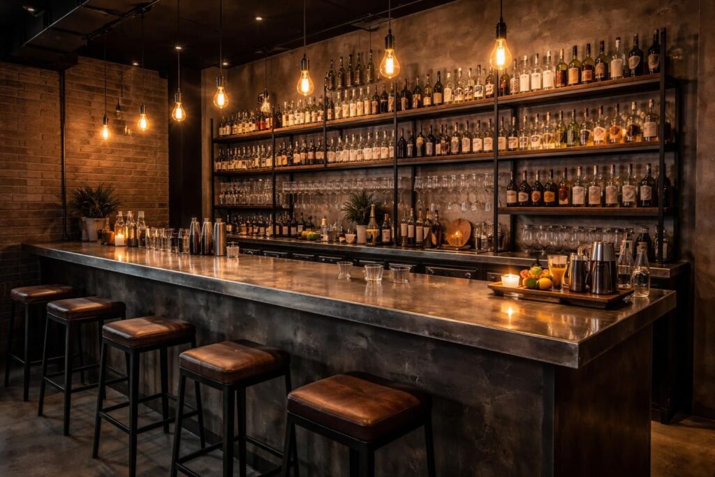 découvrez comment aménager un bar élégant avec un comptoir en zinc, des étagères ikea industrial et un éclairage vintage pour une ambiance chaleureuse et industrielle.