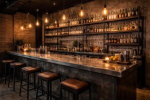 découvrez comment aménager un bar élégant avec un comptoir en zinc, des étagères ikea industrial et un éclairage vintage pour une ambiance chaleureuse et industrielle.