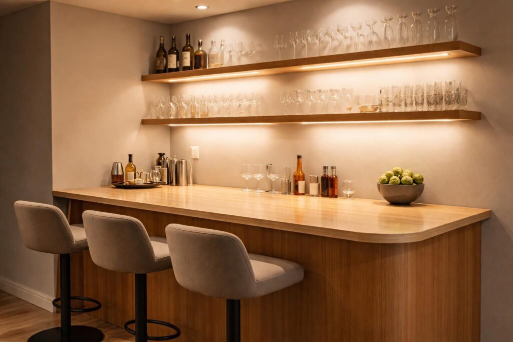 apprenez à créer un coin bar maison élégant avec un comptoir stratifié et des étagères flottantes idéales pour exposer vos verres.