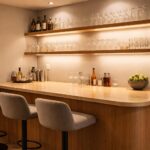 apprenez à créer un coin bar maison élégant avec un comptoir stratifié et des étagères flottantes idéales pour exposer vos verres.