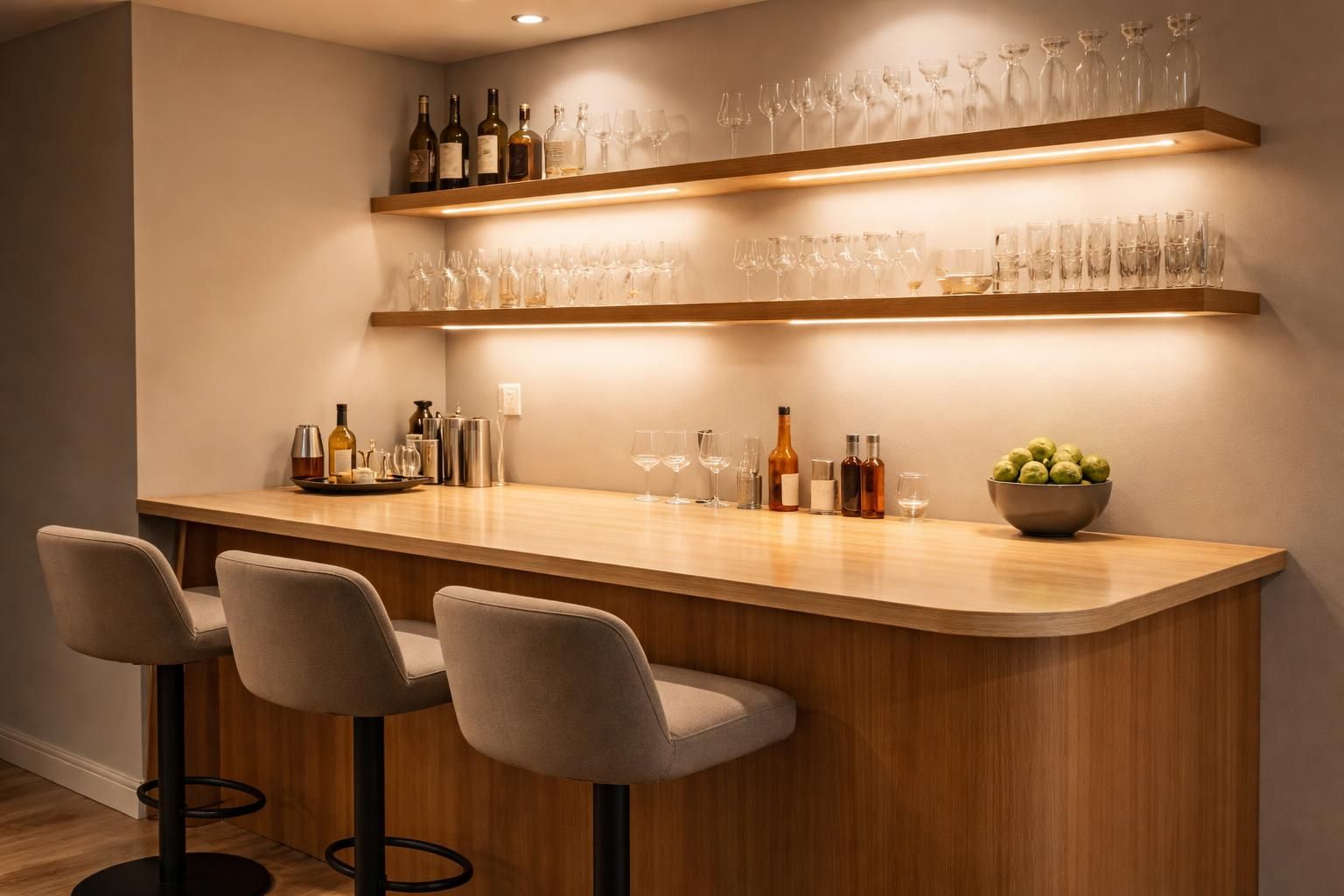 apprenez à créer un coin bar maison élégant avec un comptoir stratifié et des étagères flottantes idéales pour exposer vos verres.