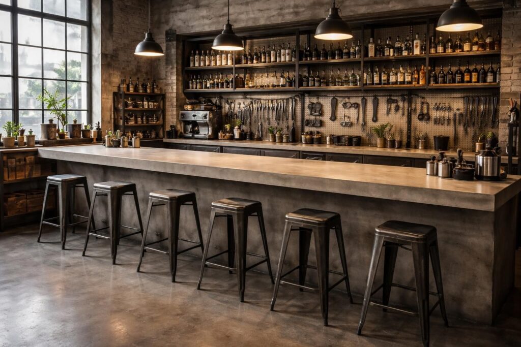découvrez comment créer un bar atelier unique avec des tabourets industriels tolix et un comptoir en béton ciré, alliant style industriel et design moderne pour un espace convivial et tendance.